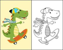 dessin animé de dino mignon jouant au skateboard, au livre de coloriage ou à la page vecteur