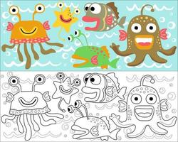 illustration vectorielle de dessin animé de monstres marins, livre de coloriage ou page vecteur