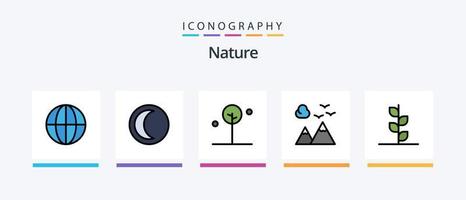 ligne de la nature remplie de 5 packs d'icônes comprenant. l'eau. herbe. mer. lever du soleil. conception d'icônes créatives vecteur