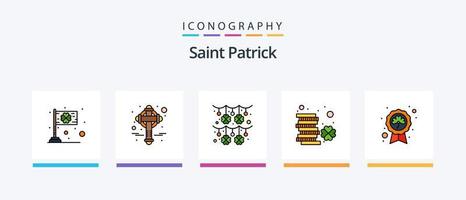 pack de 5 icônes remplies de la ligne saint patrick, y compris le sac. récipient. Saint. baril de bière. lutin. conception d'icônes créatives vecteur