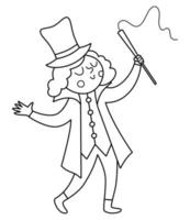 icône de ligne de dresseur d'animaux vectoriels. clipart d'artiste de cirque noir et blanc. homme de vacances d'amusement. page de coloriage de personnage de festival drôle mignon. illustration de dompteur de comédien de spectacle de rue vecteur