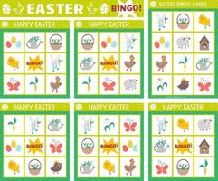 jeu de cartes de bingo de pâques vectorielles. amusant jeu de société de loto familial avec un joli lapin, une poule, un poulet, des œufs de pâques pour les enfants. activité de loterie des vacances de printemps. feuille de travail imprimable éducative simple. vecteur