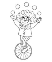 icône de ligne de clown de vecteur. clipart artiste de cirque noir et blanc. homme de vacances d'amusement sur une roue jonglant avec des balles. page de coloriage de personnage de festival drôle mignon. illustration de jongleur de comédien de spectacle de rue vecteur