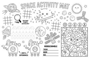 napperon d'espace vectoriel pour les enfants. tapis d'activité imprimable conte de fées avec labyrinthe, tableaux tic tac toe, reliez les points, trouvez la différence. tapis de jeu noir et blanc ou coloriage