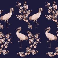 oiseau héron et illustration vectorielle de cerise japonaise, motif de fond bleu sans couture vecteur