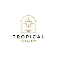 logo soleil, coucher de soleil lever du soleil avec plage océan mer eau logo icône vecteur dans la ligne tendance linéaire, contour abstrait logo vecteur pour hôtel ou spa