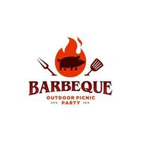 grill barbecue invitation fête barbecue barbecue avec porc porc sur feu flamme logo design vintage hipster vecteur