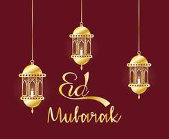 bannière de célébration eid mubarak avec lampes suspendues vecteur