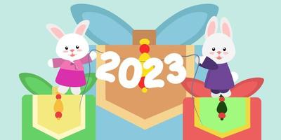 Illustration du personnage de lapin du nouvel an 2023 gyemyo. représentant un garçon et une fille en vêtements de hanbok sur fond de cadeaux coréens traditionnels avec les numéros 2023. lièvres en costume vecteur