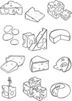 croquis graphique de différents fromages. ensemble de produits laitiers de contour réaliste. collection de caillés isolés utilisée pour la conception de logo, livre de recettes, fromage publicitaire vecteur