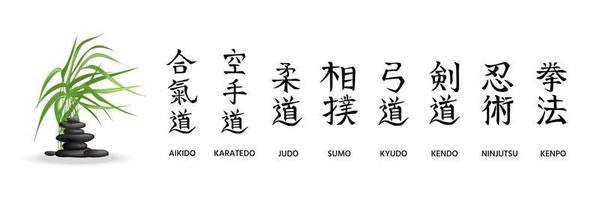 aïkido, karatédo, judo, sumo, kyudo, kendo, ninjutsu, kenpo. noms calligraphiques des arts martiaux japonais, styles de combat. tour de roche en pierre zen japonaise et roseau vert vecteur