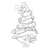 gnome de noël de dessin animé avec des guirlandes de noël pour cahier de coloriage. conception linéaire pour les pages à colorier pour enfants. vecteur