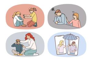 un ensemble de personnes déprimées et malheureuses pleurent de détresse reçoivent le soutien d'amis. collection d'humains bouleversés obtenir l'aide de parents. problèmes psychologiques et conseils. illustration vectorielle. vecteur