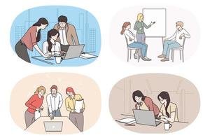 collection d'employés ou de collègues impliqués dans une activité de teambuilding ou une discussion au bureau. un ensemble d'hommes d'affaires divers travaillent ensemble coopèrent sur le lieu de travail. travail en équipe. illustration vectorielle. vecteur