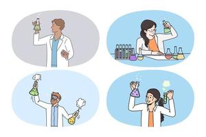 ensemble de personnes médecins spécialistes travaillent avec des tubes à essai en laboratoire. un groupe de chercheurs en uniforme de médecine développe un vaccin en laboratoire. pharmacie et biotechnologie. illustration vectorielle. vecteur