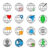 ensemble de 16 icônes avec un globe vecteur