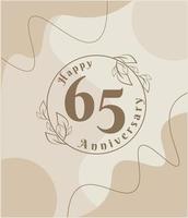 65e anniversaire, logo minimaliste. illustration vectorielle marron sur la conception de modèle de feuillage minimaliste, feuilles dessin à l'encre d'art en ligne avec fond vintage abstrait. vecteur