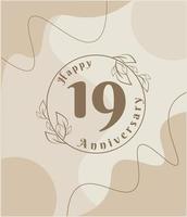 19e anniversaire, logo minimaliste. illustration vectorielle marron sur la conception de modèle de feuillage minimaliste, feuilles dessin à l'encre d'art en ligne avec fond vintage abstrait. vecteur