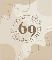 69e anniversaire, logo minimaliste. illustration vectorielle marron sur la conception de modèle de feuillage minimaliste, feuilles dessin à l'encre d'art en ligne avec fond vintage abstrait. vecteur