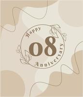 08e anniversaire, logo minimaliste. illustration vectorielle marron sur la conception de modèle de feuillage minimaliste, feuilles dessin à l'encre d'art en ligne avec arrière-plan abstrait vintage. vecteur