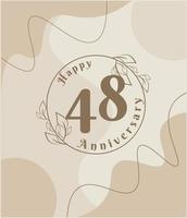 48e anniversaire, logo minimaliste. illustration vectorielle marron sur la conception de modèle de feuillage minimaliste, feuilles dessin à l'encre d'art en ligne avec arrière-plan abstrait vintage. vecteur