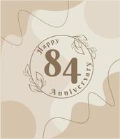 84 ans d'anniversaire, logo minimaliste. illustration vectorielle marron sur la conception de modèle de feuillage minimaliste, feuilles dessin à l'encre d'art en ligne avec fond vintage abstrait. vecteur