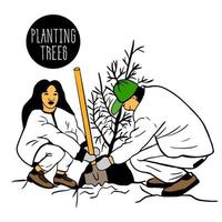 couple de volontaires, homme et femme avec pelle creuse un trou pour planter des épinettes, des arbres, des arbustes, des fourrés. reverdir la planète. des volontaires plantent des arbres dans le parc vecteur