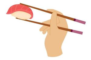 la main de dessin animé tient des baguettes avec des sushis au thon. cuisine japonaise, cuisine traditionnelle isolée sur fond blanc vecteur