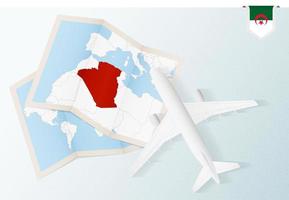 voyage en algérie, avion vue de dessus avec carte et drapeau de l'algérie. vecteur