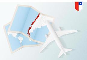 voyage au chili, avion vue de dessus avec carte et drapeau du chili. vecteur