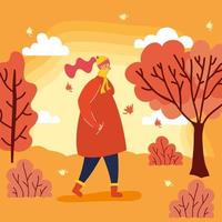 femme avec un masque facial dans un paysage d'automne vecteur