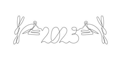 symbole 2023 année dessiné en une seule ligne. lapins, chiffres. griffonnage. illustration vectorielle dans un style minimaliste. vecteur