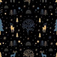 mignon modèle sans couture de noël sur fond noir. cerfs, étoiles, flocons de neige, plantes, épicéa, arc-en-ciel. élément bleu et or. modèle d'illustration vectorielle pour papier d'emballage de vacances, paquet. vecteur