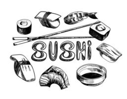 forme ronde de nourriture de sushi japonais. éléments de cuisine asiatique de forme ronde. concept de menu de sushis. graphiques en noir et blanc. illustration vectorielle de nourriture. vecteur