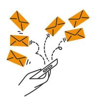 le téléphone mobile doodle dessiné à la main envoie beaucoup de symboles de lettres d'enveloppe pour l'illustration de marketing par e-mail vecteur