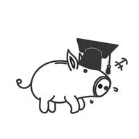 cochon doodle dessiné à la main en robe de graduation et chapeau illustration vecteur