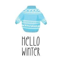 Bonjour texte d'hiver avec illustration pull bleu isolé sur fond blanc vecteur