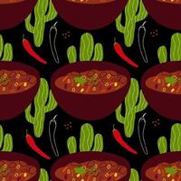 modèle sans couture avec illustration de la cuisine mexicaine chili con carne sur fond noir avec cactus et piment vecteur