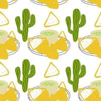 modèle sans couture avec nachos mexicains et illustration de cactus sur fond blanc vecteur