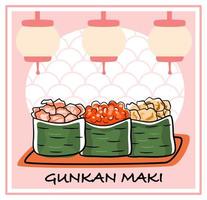 ensemble de sushi gunkan, rouleaux de maki aux crevettes, œufs de saumon et anguille. illustration vectorielle de menu japonais. vecteur