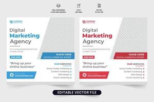 conception de modèle d'agence de marketing numérique professionnelle avec des formes créatives et des espaces réservés pour les photos. vecteur de bannière web de promotion de l'entreprise avec des couleurs rouges et bleues. modèle de marketing de marque d'entreprise.