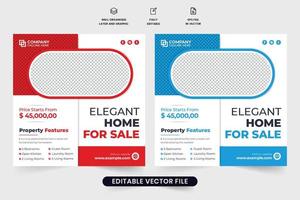 conception de modèle d'entreprise de vente à domicile avec des espaces réservés pour photo. vecteur de publication de médias sociaux de vente de propriété de maison avec des formes créatives. conception d'affiche de promotion de société immobilière avec des couleurs rouges et bleues.