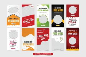 collection de bannières web de publicité alimentaire pour le secteur de la restauration. conception de pack d'histoires de médias sociaux de menu alimentaire spécial avec des espaces réservés pour photo. vecteur de jeu d'affiches promotionnelles de nourriture délicieuse.