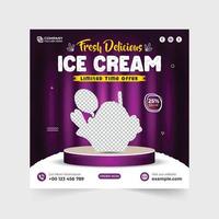 conception de modèle de vente de crème glacée fraîche avec des couleurs sombres et violettes. délicieux vecteur de bannière web de publicité de nourriture et de dessert avec des espaces réservés pour photo. conception spéciale de modèle de promotion de crème glacée.