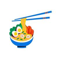 soupe de ramen de cuisine asiatique. plat japonais avec nouilles, oeuf, porc et narutomaki dans un bol bleu vecteur