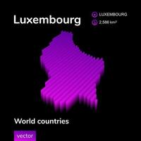 carte luxembourgeoise en 3d. carte vectorielle rayée isométrique numérique néon stylisée dans des couleurs violettes et roses sur fond noir vecteur