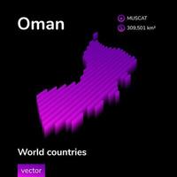 carte 3d d'Oman. la carte vectorielle à rayures isométriques numériques simples néon stylisées d'oman est en couleurs violettes sur fond noir. bannière éducative vecteur