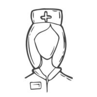 visage d'infirmière doodle, icône de tête, portant un chapeau avec croix, isolé sur fond blanc. symbole médical. illustration vectorielle de griffonnage. vecteur