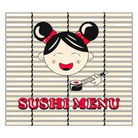 jolie fille mangeant des sushis tapis de sushi en bambou vecteur