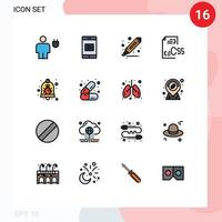 interface mobile ligne remplie de couleurs plates ensemble de 16 pictogrammes de développement de dessin de fichier d'alarme css éléments de conception vectoriels créatifs modifiables vecteur